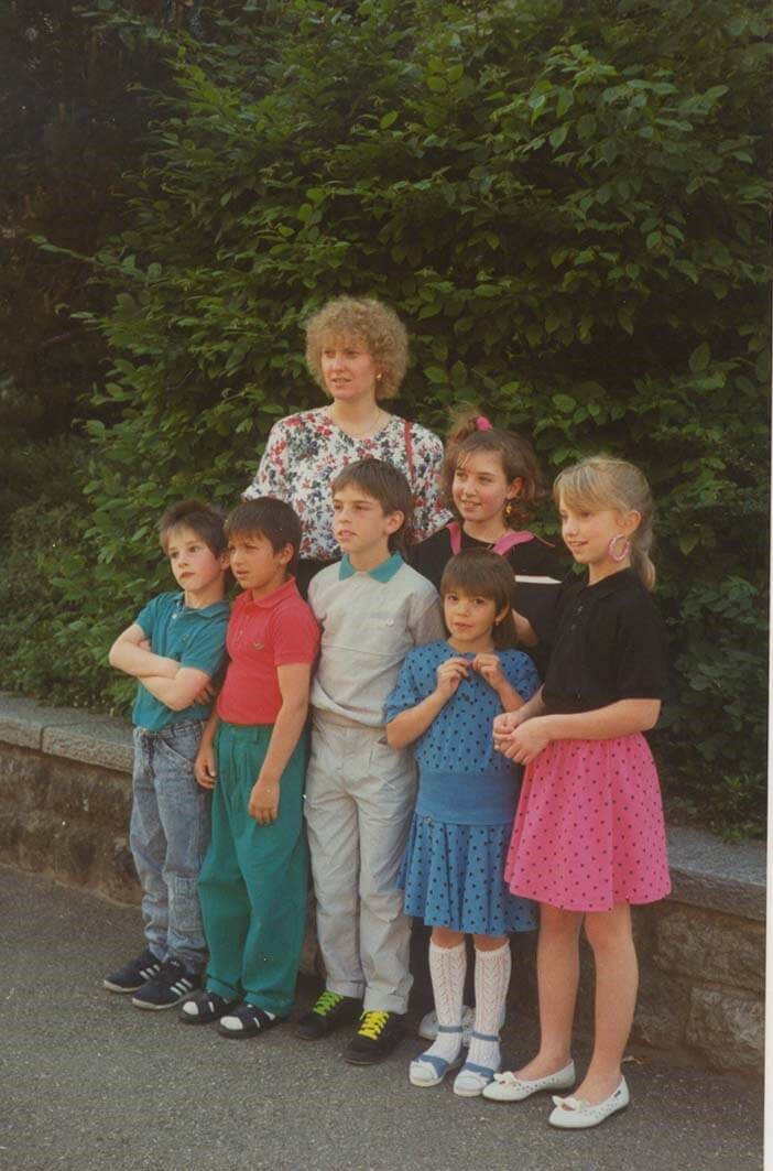 ca. 1990 Hinten: Gaby Berger Vorne von links: Marcus Schwarb, Daniel Saridis, Thomas Schwarb, Iréne Schwarb, Melanie Saridis, Cornelia Schwarb